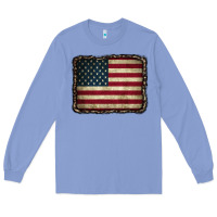 Colony Blue American Flag With Leopard Frame Long Sleeve Tee - CowCowDesign