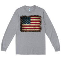 Heather Grey American Flag With Leopard Frame Long Sleeve Tee - CowCowDesign