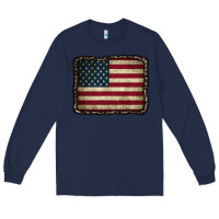 Navy American Flag With Leopard Frame Long Sleeve Tee - CowCowDesign