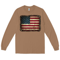Toasted Coconut American Flag With Leopard Frame Long Sleeve Tee - CowCowDesign