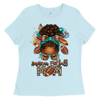 Baby Blue American Football Mom Afro Messy Bun Ladies Tee - texasbilliewilder