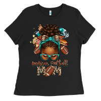 Black American Football Mom Afro Messy Bun Ladies Tee - texasbilliewilder