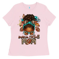 Bubblegum Pink American Football Mom Afro Messy Bun Ladies Tee - texasbilliewilder