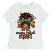 White American Football Mom Afro Messy Bun Ladies Tee - texasbilliewilder