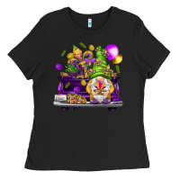 Black Mardi Gras gnome on the truck Ladies Tee - NancyCooperArtShop