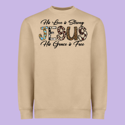 His Love Is Strong Jesus His Grace Is Free Heavyweight Sweatshirt Designed By Cowhidedigitalart