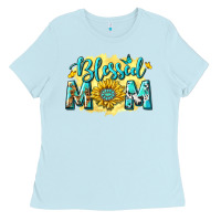 Baby Blue Blessed Mom with Sunflowers Ladies Tee - texasbilliewilder