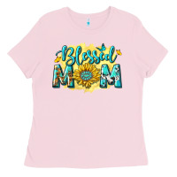Bubblegum Pink Blessed Mom with Sunflowers Ladies Tee - texasbilliewilder