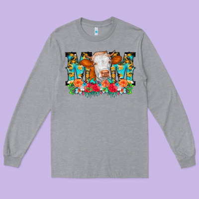 Mom Cow Flowers Long Sleeve Tee Designed By Cowcowdesign
