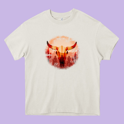 Western Cowboy Sunset Bull Skull Heavy Core Tee Designed By Bettercallsaul