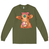 Army Green Cow  Turquoise Long Sleeve Tee - CowCowDesign