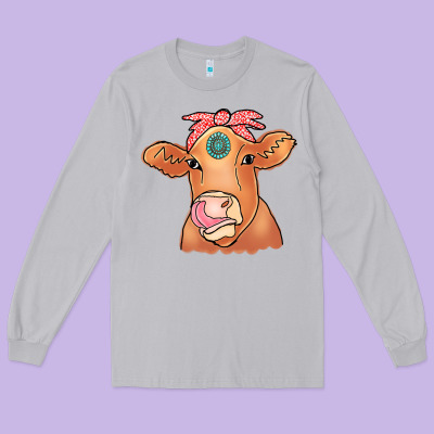 Cow  Turquoise Long Sleeve Tee Designed By Cowcowdesign