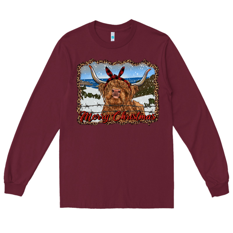 Merry Christmas Highland Cow With Farm Long Sleeve Tee by RanaPortraitStore | Teevron