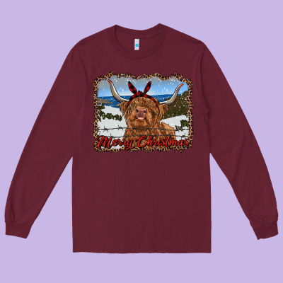 Merry Christmas Highland Cow With Farm Long Sleeve Tee Designed By Ranaportraitstore