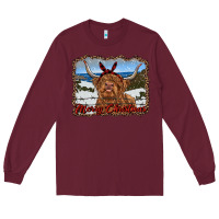 Burgundy merry christmas highland cow with farm Long Sleeve Tee - RanaPortraitStore