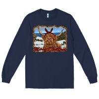 Navy merry christmas highland cow with farm Long Sleeve Tee - RanaPortraitStore