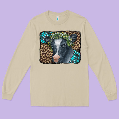 Floral Cow Leopard Gemstone Long Sleeve Tee Designed By Cowcowdesign