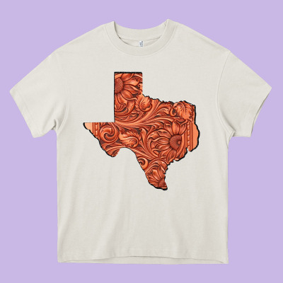 Texas Map Western Tooled Leather Pattern Heavy Core Tee Designed By Bettercallsaul