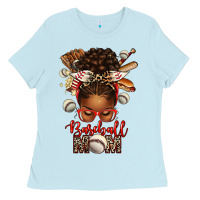 Baby Blue Baseball Mom Afro Messy Bun Ladies Tee - texasbilliewilder