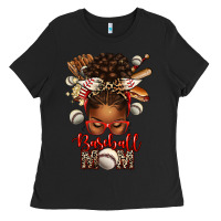 Black Baseball Mom Afro Messy Bun Ladies Tee - texasbilliewilder