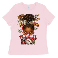 Bubblegum Pink Baseball Mom Afro Messy Bun Ladies Tee - texasbilliewilder