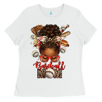 White Baseball Mom Afro Messy Bun Ladies Tee - texasbilliewilder