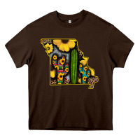 Chocolate Brown Western Missouri Map Sunflower And Cactus Pattern Heavy Core Tee - Bettercallsaul