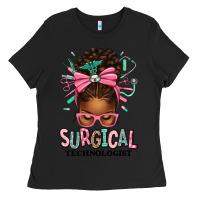 Black Surgical Technologist Afro Messy Bun Ladies Tee - texasbilliewilder