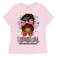 Bubblegum Pink Surgical Technologist Afro Messy Bun Ladies Tee - texasbilliewilder