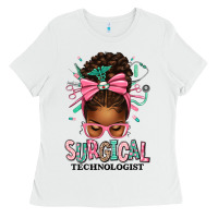 White Surgical Technologist Afro Messy Bun Ladies Tee - texasbilliewilder
