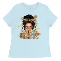 Baby Blue Black Hair Believe Praying Caucasian Messy Bun Ladies Tee - texasbilliewilder