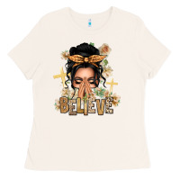 Black Hair Believe Praying Caucasian Messy Bun Ladies Tee | Teevron