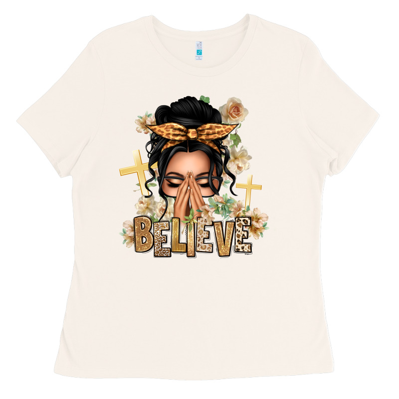 Black Hair Believe Praying Caucasian Messy Bun Ladies Tee by texasbilliewilder | Teevron