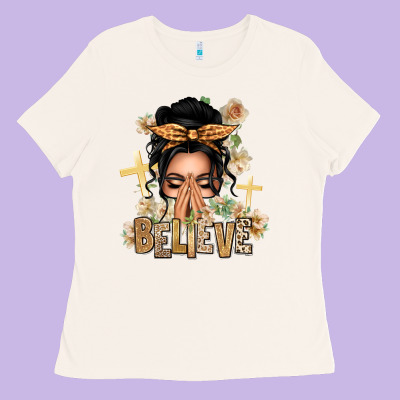 Black Hair Believe Praying Caucasian Messy Bun Ladies Tee Designed By Texasbilliewilder
