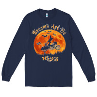 Navy Halloween Witch On Motorcycle Cat & Moon Salem Witch Trials Premium Long Sleeve Tee - trangStudio
