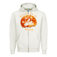 Oatmeal Heather Halloween Witch On Motorcycle Cat & Moon Salem Witch Trials Premium Zipper Hoodie - trangStudio