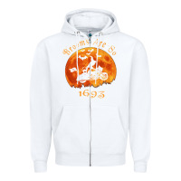 White Halloween Witch On Motorcycle Cat & Moon Salem Witch Trials Premium Zipper Hoodie - trangStudio