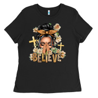 Black Gray Hair Believe Praying Caucasian Messy Bun Ladies Tee - texasbilliewilder