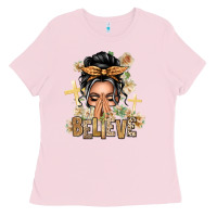Bubblegum Pink Gray Hair Believe Praying Caucasian Messy Bun Ladies Tee - texasbilliewilder