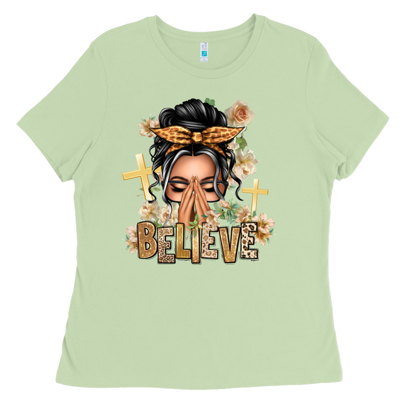 Gray Hair Believe Praying Caucasian Messy Bun Ladies Tee by texasbilliewilder | Teevron