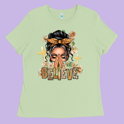 Gray Hair Believe Praying Caucasian Messy Bun Ladies Tee Designed By Texasbilliewilder