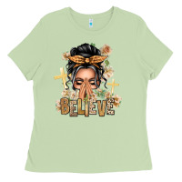 Matcha Gray Hair Believe Praying Caucasian Messy Bun Ladies Tee - texasbilliewilder