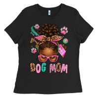 Black Afro Messy Bun Dog Mom Ladies Tee - texasbilliewilder