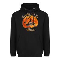 Black Halloween Witch On Motorcycle Cat & Moon Salem Witch Trials Premium Heavyweight Hoodie - trangStudio