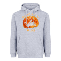 Heather Grey Halloween Witch On Motorcycle Cat & Moon Salem Witch Trials Premium Heavyweight Hoodie - trangStudio