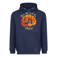 Navy Halloween Witch On Motorcycle Cat & Moon Salem Witch Trials Premium Heavyweight Hoodie - trangStudio