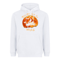 White Halloween Witch On Motorcycle Cat & Moon Salem Witch Trials Premium Heavyweight Hoodie - trangStudio