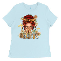 Baby Blue Red Hair Believe Praying Caucasian Messy Bun Ladies Tee - texasbilliewilder