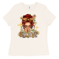 Bone Red Hair Believe Praying Caucasian Messy Bun Ladies Tee - texasbilliewilder