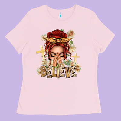 Red Hair Believe Praying Caucasian Messy Bun Ladies Tee Designed By Texasbilliewilder